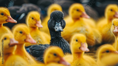 Black duck among yellow, different unique special leader identity, crowd leadership