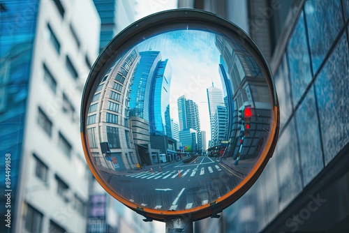 Urban landscape reflected in convex traffic mirror