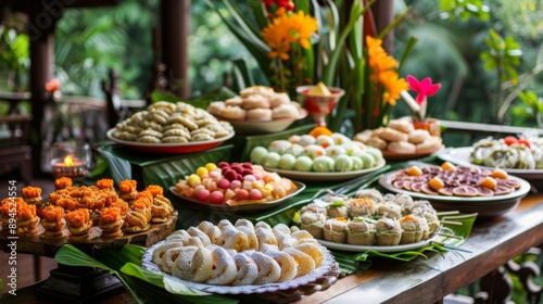 A traditional Thai dessert table with kanom krok (coconut pancakes), luk chup (fruit-shaped mung bean sweets), and more.