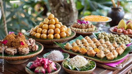 A traditional Thai dessert table with kanom krok (coconut pancakes), luk chup (fruit-shaped mung bean sweets), and more.