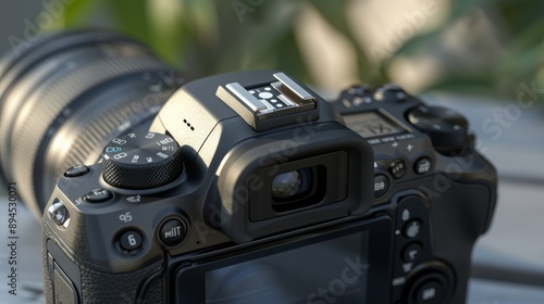 A black Canon camera with a lens attached is resting on a wooden surface. The camera has various buttons and dials, including a mode dial and a flash mount.