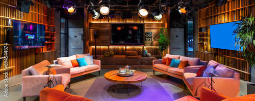 A contemporary talk show studio designed as a living room, complete with chic sofas, vibrant cushions, and high-end microphones, perfect for television shows and podcasts.