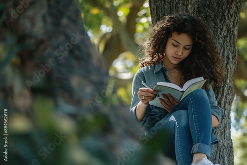 student journaling under a tree on a calm day