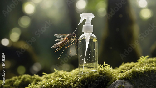 Mosquito repellent spray, close up. Bottle of protective insect repellent on green tropical jungle background with flying mosquitos