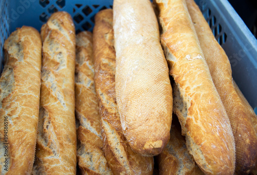 Fresh crispy bread from a bakery close up.