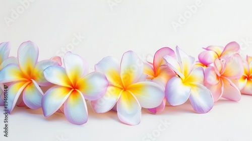 vibrant hawaiian lei with delicate frangipani flowers intricately woven tropical garland on white background soft pastel colors and realistic petal details