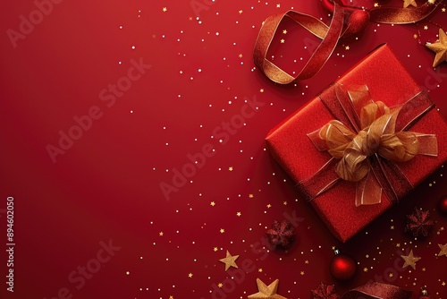 Joyful Red Background with New Year Gift and Lights