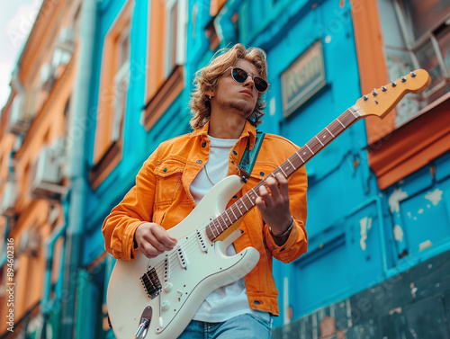 Young Man Playing Electric Guitar on City Street