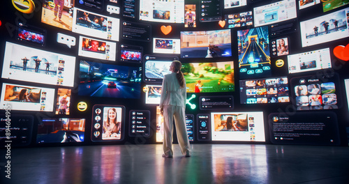 Backview Of Caucasian Woman Connecting To Animated Stream of Content. Browsing Multimedia all-in-one Entertainment, Messaging, TV, Videos, Emoji, Sharing, Video Game Playing, Fintech, Online Shopping.