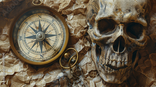 A dramatic still life composition with a skull and a compass resting on a crumpled map, evoking a sense of adventure and the passage of time.