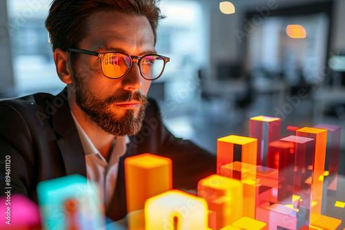 Beautiful businessperson wearing eyeglasses with a well-groomed beard uses AI to predict and stop colorful holographic dominoes from falling on desk.