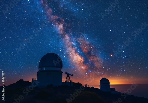 In the night sky, the milky way galaxy is visible above the silhouette of an observatory with a telescope and other technological equipment, which can be seen in Tenerife's Teide Mountain. A starry sk