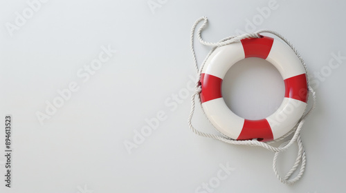 Red and white life buoy on a plain white surface, symbolizing safety and emergency preparedness.