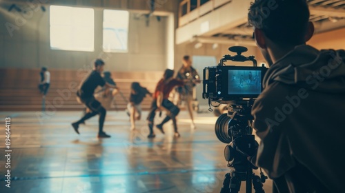 A cameraman films a group of dancers practicing in a studio, capturing their movements and expressions.