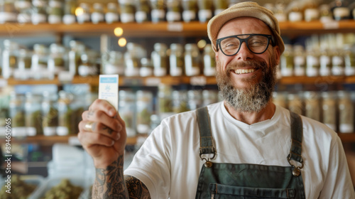 Happy Cannabis Shop Owner: A cheerful man in a cap and overalls, showcasing a card with a cannabis leaf design, smiles brightly in his dispensary shop. 