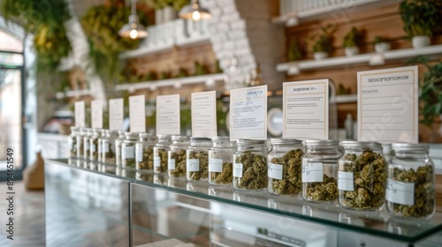 Cannabis Dispensary Display: A modern and inviting cannabis dispensary interior, featuring a glass counter displaying a variety of cannabis strains in labeled jars, highlighting the legal sale