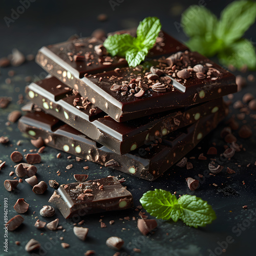 "Luxurious Black Chocolate with Peppermint on Deep Black Background"