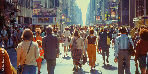 Crowd of people walking street in 1970s