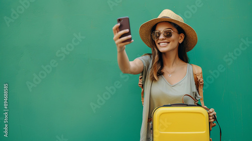 A young woman taking a selfie with a yellow suitcase, wearing a hat and sunglasses, standing against a vibrant green wall, perfect for travel and adventure concepts.