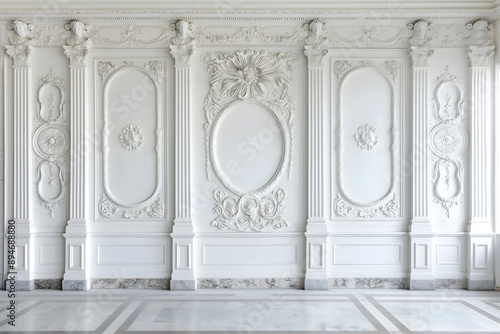 Backdrop, vintage, elegant white wall with intricate plaster carvings, against a backdrop of classic marble flooring. Wedding photography.