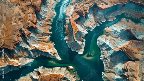 Create an aerial view photograph capturing the Colorado River, Lake Powell, and Trachyte Canyon from above. Highlight the intricate details of the river and canyon landscape, showcasing the dramatic g