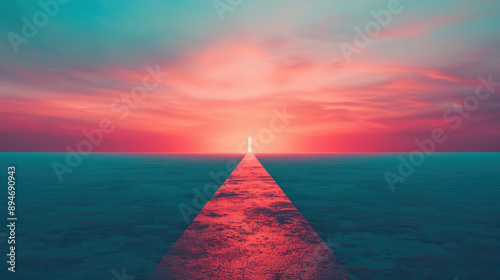 Vibrant sunset over a surreal ocean with a glowing doorway at the horizon, casting a radiant path on the water. Dreamlike and mystical scenery.