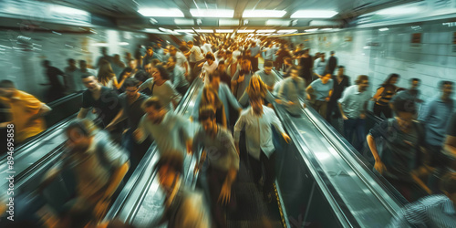 Crowd of people running out of subway station in panic