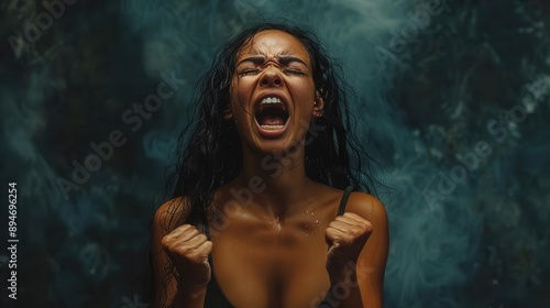 A powerful expression of emotion as a woman shouts in raw intensity, capturing the essence of human passion and energy.