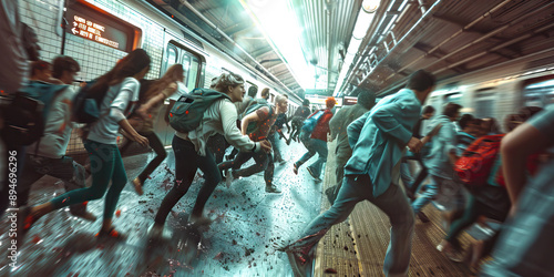 Crowd of people running out of subway station in panic