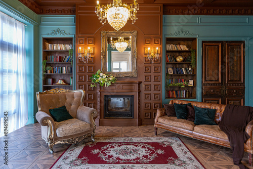 Luxury interior of home library. Sitting room with elegant furniture