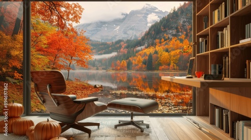 Stunning lake water mountain scene to create a beautiful backdrop for virtual meetings or presentations in a home office