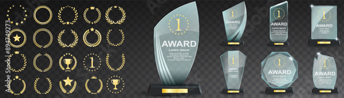 Glass award trophy set. Transparent prize template. Winner first place concept. Vector illustration. Winner glass trophy. First place award, crystal prize and signed acrylic trophies. Glass awarding