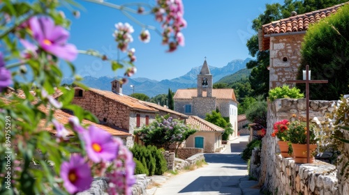 A flower-adorned street featuring rustic stone buildings and a church bell tower in the distance, nestled in a lush village landscape under a bright blue sky.