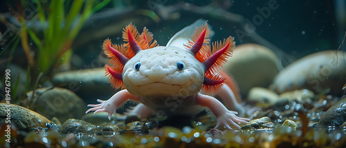 Curious axolotl underwater, showcasing external gills, 