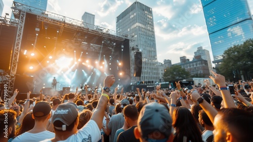 An energetic crowd is seen enjoying a live music concert in an urban open-air venue, capturing the vibrant atmosphere, the stage lighting, and towering buildings in the background.