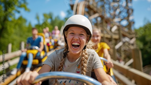 A captured moment of excitement as a person rides the roller coaster with hands gripping the bar, helmet on, in an amusement park setting, experiencing thrill and joy with others around.