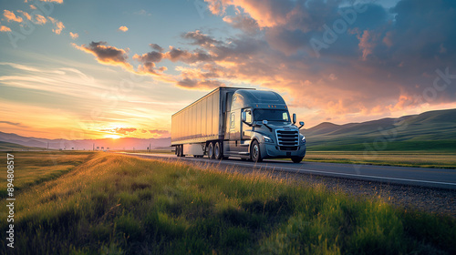 Low angle view of a gray semi truck with trailer driving on an asphalt road amidst green meadows. Summer trucking job during the sunset outdoors