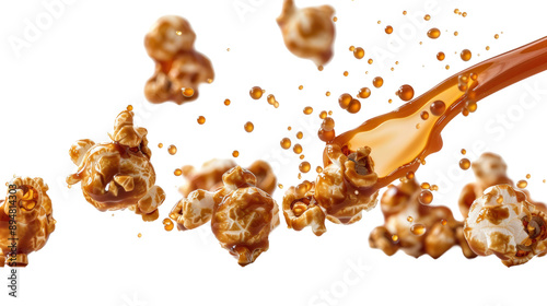 Delicious caramel popcorn in motion isolated on white background, capturing the sweet essence of this popular snack in a dynamic display.