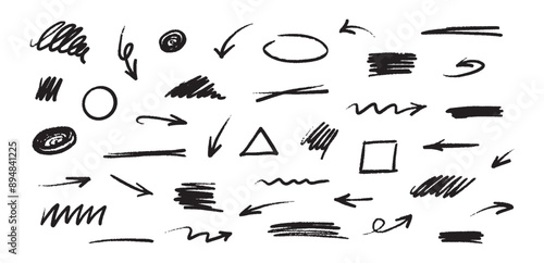 Doodle brush simple elements set. Black lines sketches, underlines, shapes for design with pen marks. Hand drawn vector elements on white background.