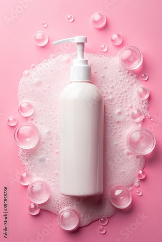 Blank white packaging bottle of cosmetics surrounded by soap foam on a pink background.