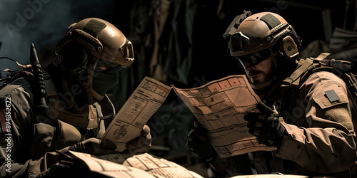 Battle Plan Perfection: Soldiers studying a detailed battle plan before action