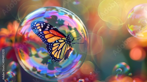 A fairy-tale butterfly stuck in a colorful bubble