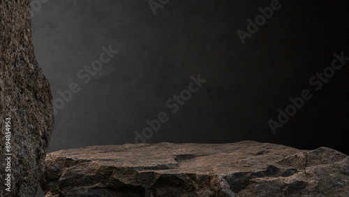 Rock, Stone Podium stand display advertising jewelry product, cosmetics with studio Dark light wall room background well free space for text, Cliff stone clipping paths