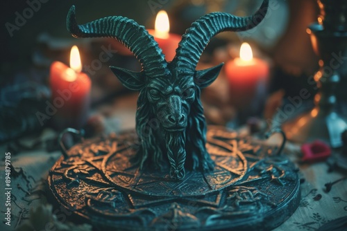 Baphomet statue surrounded by glowing candles in dark creating atmosphere of ritualistic reverence and mystical intrigue, representing esoteric allure with occult practices