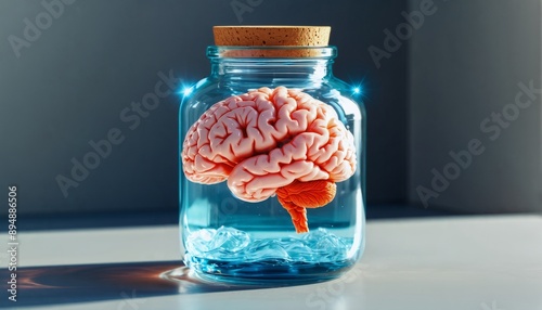 a transparent glass jar holds a brain, partially submerged in soft blue water, modern vector art, grays and blues create a serene atmosphere, hints at mental entrapment