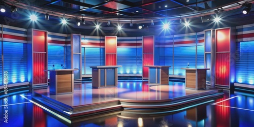 Political talk show studio with pre-election debate stands in a TV studio, politics, talk show, debate, election, news