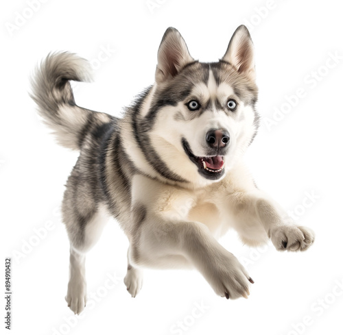 Happy excited siberian husky jumping running front view