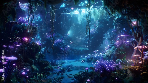 Dreamlike underwater cave illuminated by bioluminescent plants and fantastical sea creatures