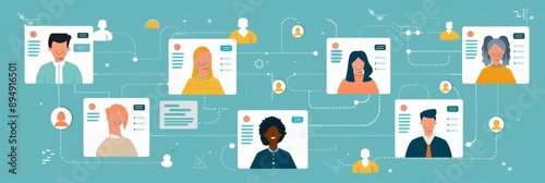 Connecting People Through Virtual Meetings and Collaboration - A diverse group of people on video calls, connected by a network of lines, symbolizing collaboration, communication, teamwork