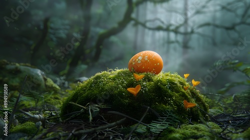 Chicken egg on a soft, velvety mushroom in a forest